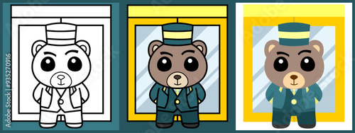 Bear Doorman cartoon character set outline coloring flat vector illustration