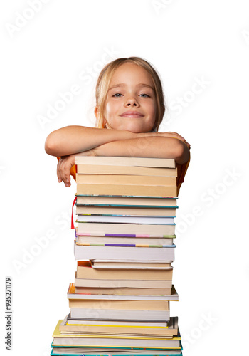 ack to school, cute girl with pile of books, smart child, read, knowledge. PNG file with transparency