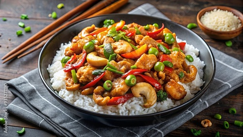 Crispy cashew chicken stir fry with rice, Asian take away food, Crispy, cashew, chicken, stir fry, rice, Asian, take away photo