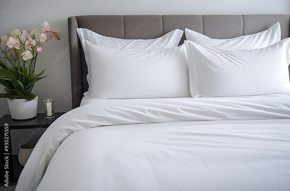 Obraz premium A bedroom with a white bed covered, generative ai