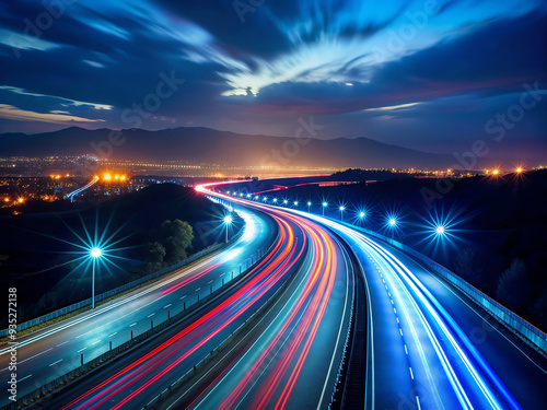 A long exposure photo of a highway at night. 