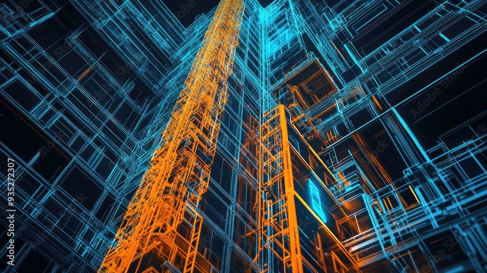 Naklejka premium Abstract Building Structure With Glowing Lines