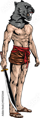 Thai ancient warrior poses with his sword and tiger helmet colored
