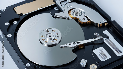 Close-up of an internal hard drive, showcasing the reflective spinning platter and the precision of the read/write head in motion.