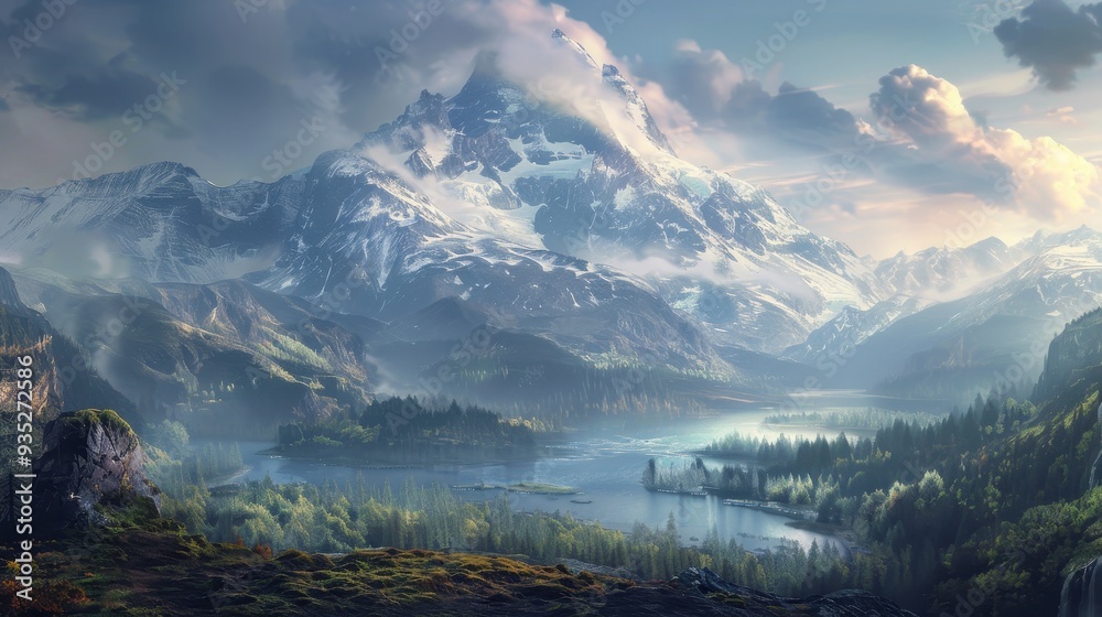 Majestic Snowy Mountain Peak with River and Forest in the Valley Majestic Snowy Mountain Peak with River and Forest in the Valley