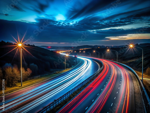 A long exposure photo of a highway at night. 
