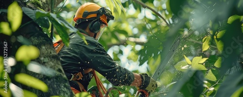 Arborist in bright yellow helmet climbing a tall tree.