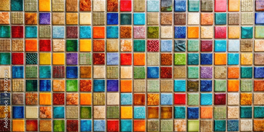 Fototapeta premium Colorful mosaic tiles in various shades and patterns , mosaic, tiles, colorful, vibrant, pattern, design, rainbow, texture