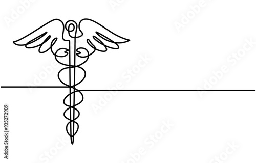 Medical symbol caduceus. Continuous One line drawing, Continuous single line art drawing of caduceus as a symbol of medicine outline vector, Continuous one simple single abstract line drawing