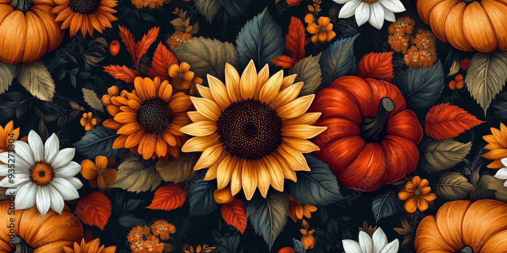 Lovely hand drawn Thanksgiving seamless pattern with pumpkins and sunflowers, great