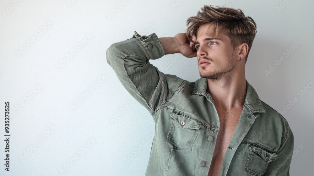 Man with blond hair, green jacket, romantic look posed. Man with blond hair, green jacket, romantic look posed.