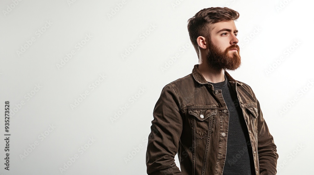 Man with a beard in a brown jacket gazing to the side Man with a beard in a brown jacket gazing to the side