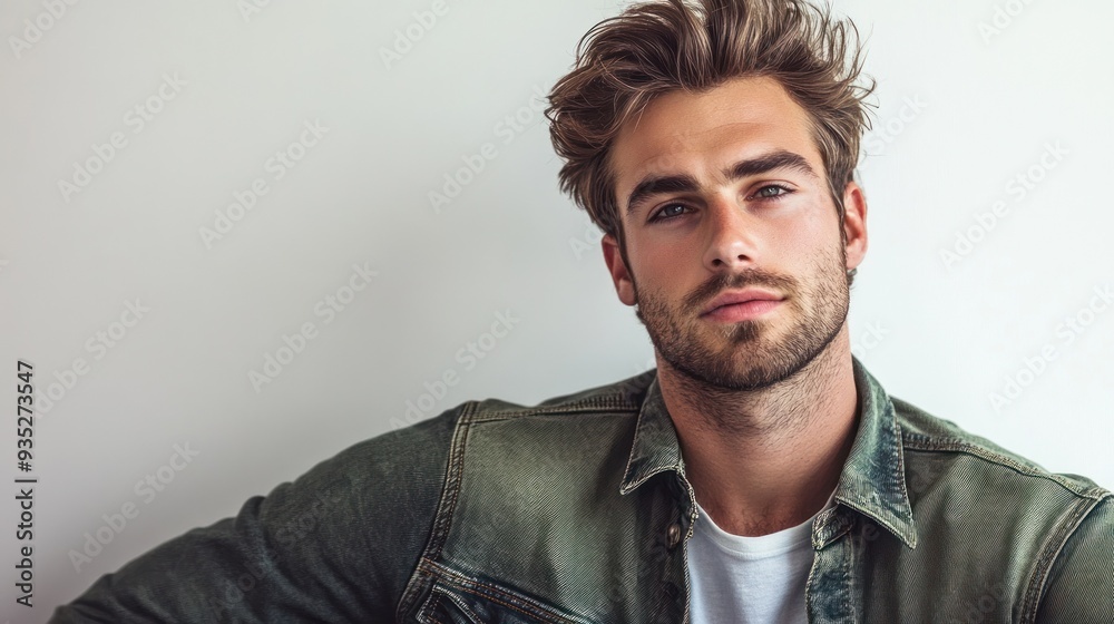 Fototapeta premium Man with styled hair in green jacket and white shirt