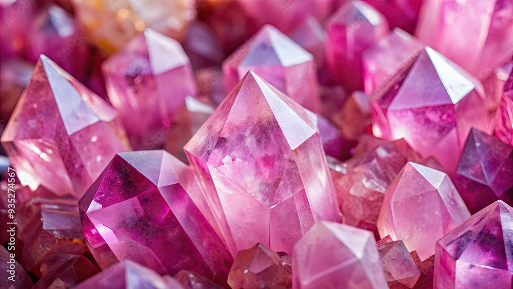 Tilted close-up of pink quartz crystals with mesmerizing geometric patterns Tilted close-up of pink quartz crystals with mesmerizing geometric patterns