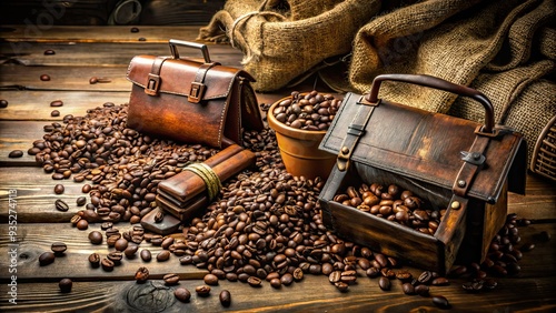 Brazilian coffee beans cascading from antique, worn, leather satchels, on distressed, wooden, farm tables, surrounded by faded, vintage, coffee-bag labels.