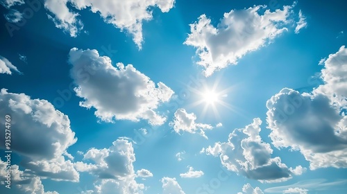 Blue sky background with clouds and sunlight. AI generation