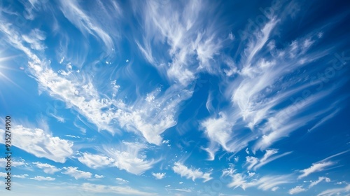 Blue sky background with clouds and sunlight. AI generation