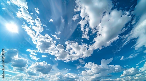 Blue sky background with clouds and sunlight. AI generation