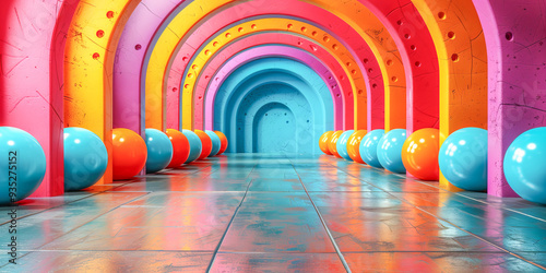 Fototapeta Naklejka Na Ścianę i Meble -  3d rendering of a colorful tunnel with arches and colorful balls