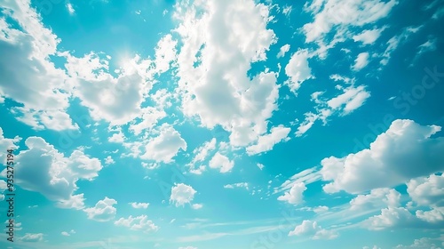 Blue sky background with clouds and sunlight. AI generation
