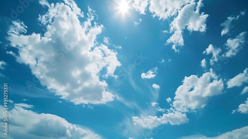 Blue sky background with clouds and sunlight. AI generation