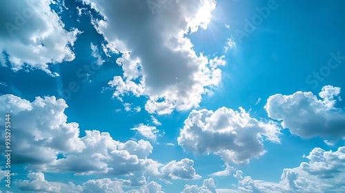 Blue sky background with clouds and sunlight. AI generation
