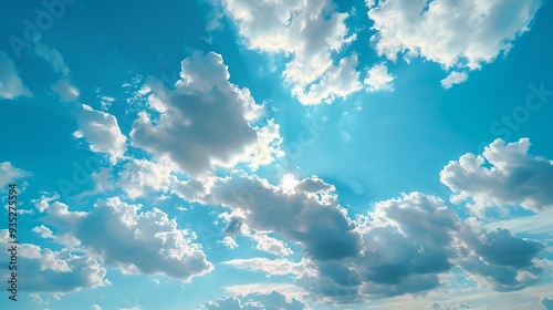 Blue sky background with clouds and sunlight. AI generation
