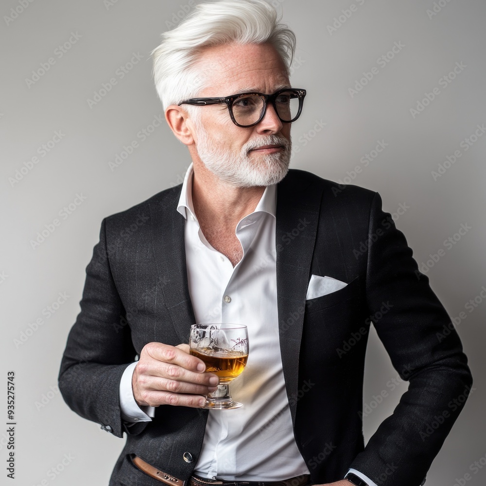 A confident man with a distinguished silver beard and sleek black suit, holding a glass of whiskey, portrays a suave, polished, and sophisticated image A confident man with a distinguished silver beard and sleek black suit, holding a glass of whiskey, portrays a suave, polished, and sophisticated image