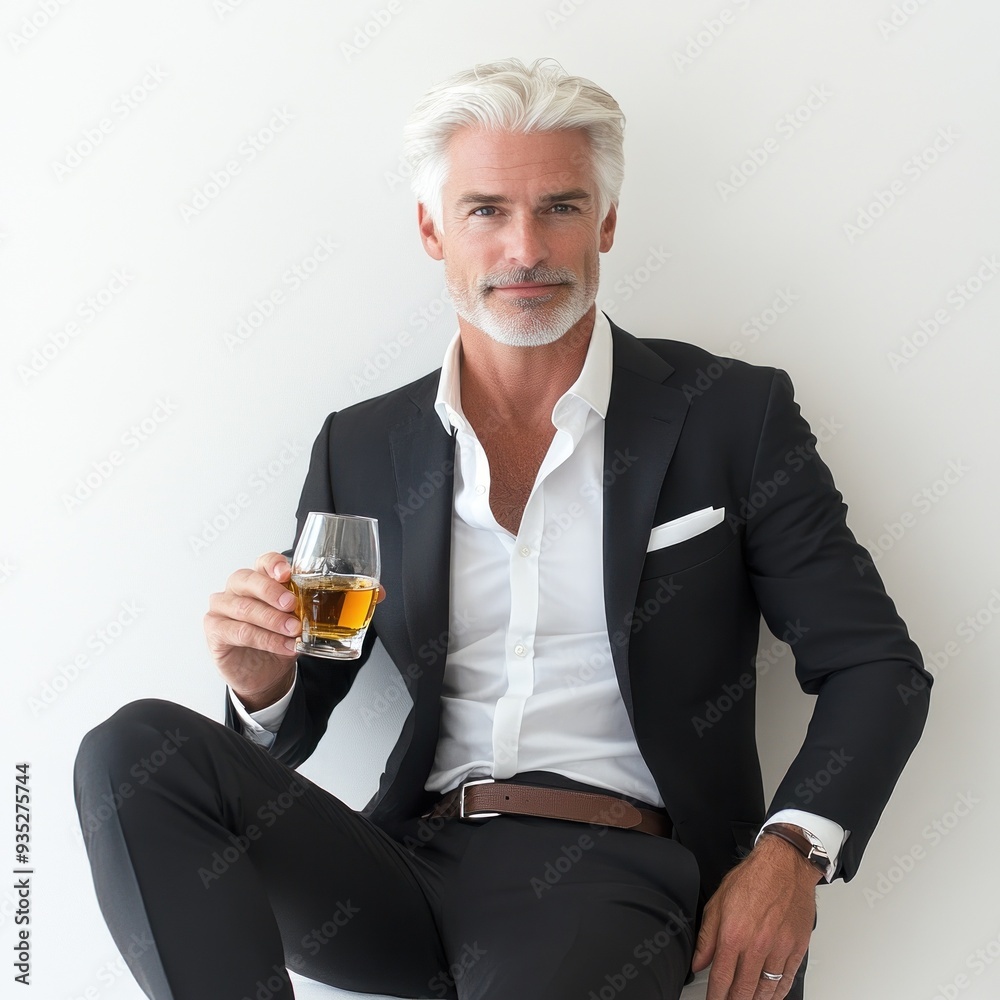 A confident man with a distinguished silver beard and sleek black suit, holding a glass of whiskey, portrays a suave, polished, and sophisticated image A confident man with a distinguished silver beard and sleek black suit, holding a glass of whiskey, portrays a suave, polished, and sophisticated image