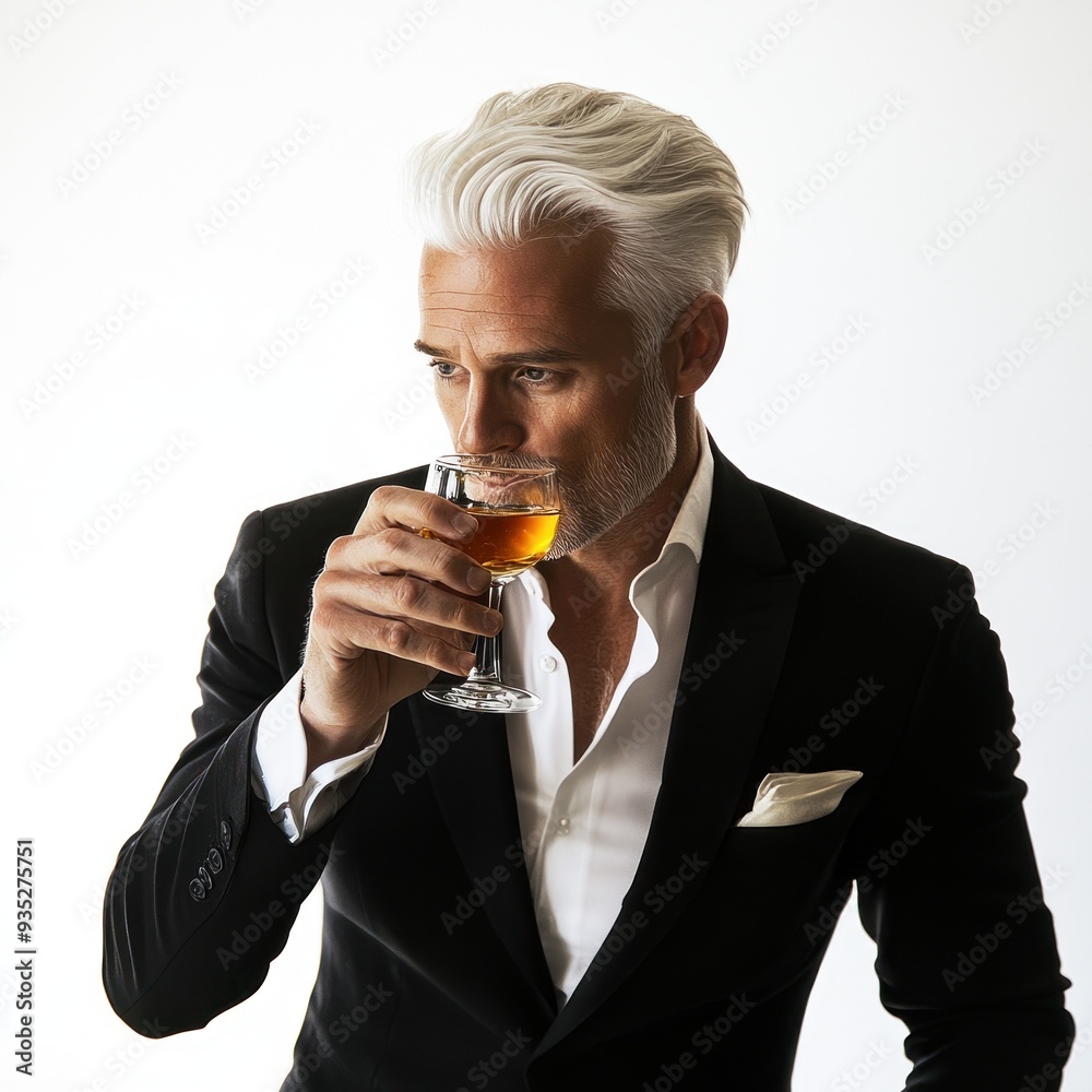A confident man with a distinguished silver beard and sleek black suit, holding a glass of whiskey, portrays a suave, polished, and sophisticated image A confident man with a distinguished silver beard and sleek black suit, holding a glass of whiskey, portrays a suave, polished, and sophisticated image