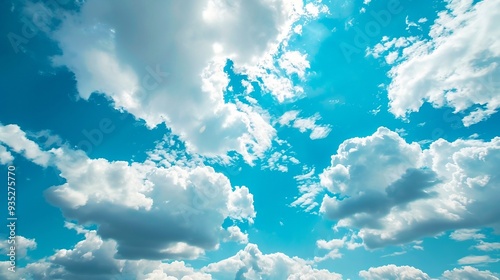 Blue sky background with clouds and sunlight. AI generation