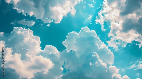 Blue sky background with clouds and sunlight. AI generation