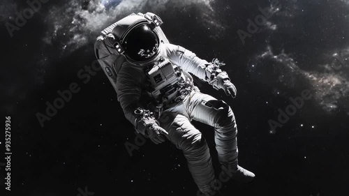Astronaut floats weightlessly in vast starry cosmos. Stark contrast between white spacesuit and black space backdrop creates striking visual. Conveys isolation, exploration, and human achievement.	