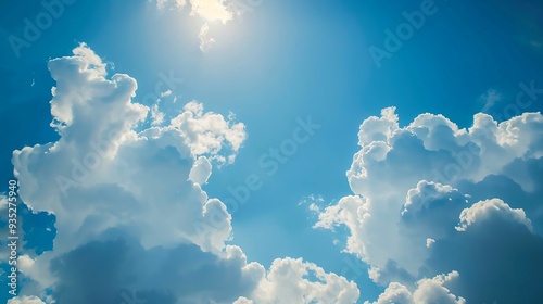 Blue sky background with clouds and sunlight. AI generation