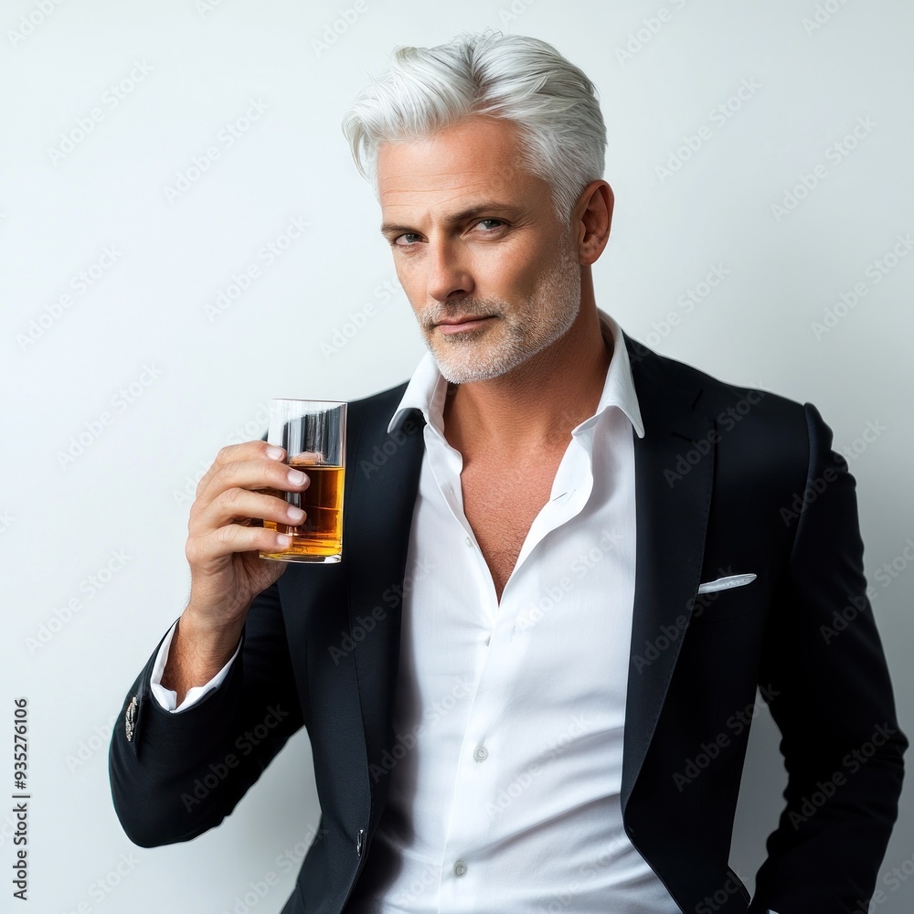 A confident man with a distinguished silver beard and sleek black suit, holding a glass of whiskey, portrays a suave, polished, and sophisticated image A confident man with a distinguished silver beard and sleek black suit, holding a glass of whiskey, portrays a suave, polished, and sophisticated image