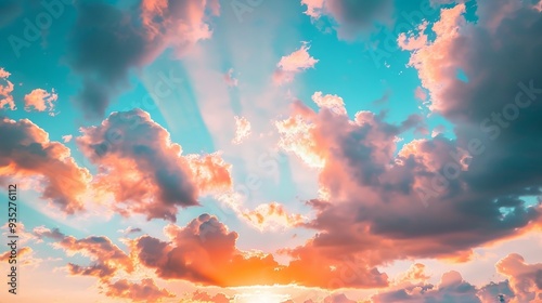 Blue sky background with clouds and sunlight. AI generation