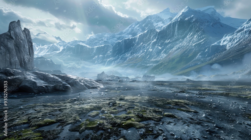 A Misty Mountain Valley with Green Moss and Snow-Capped Peaks A Misty Mountain Valley with Green Moss and Snow-Capped Peaks
