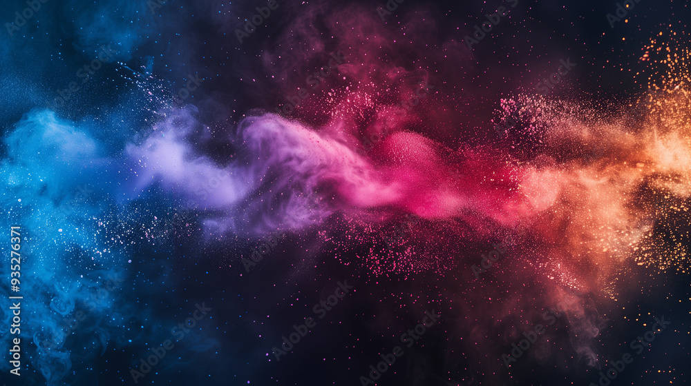 Obraz premium Vivid explosion of colorful dust particles in a cosmic, abstract background..