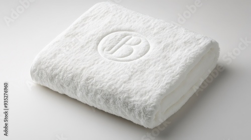 A white, fluffy towel is folded and lying on a white background. There is a small, embossed letter 'B' in a circle on the towel.