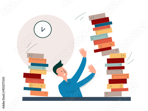  businessman working in an office is experiencing severe emotional stress. The concept of deadline, emotional burnout, fatigue, mental overstrain during work. Vector  flat doodle illustration.