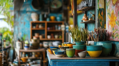 Colorful Ceramic Bowls and Pots in an Artist's Studio