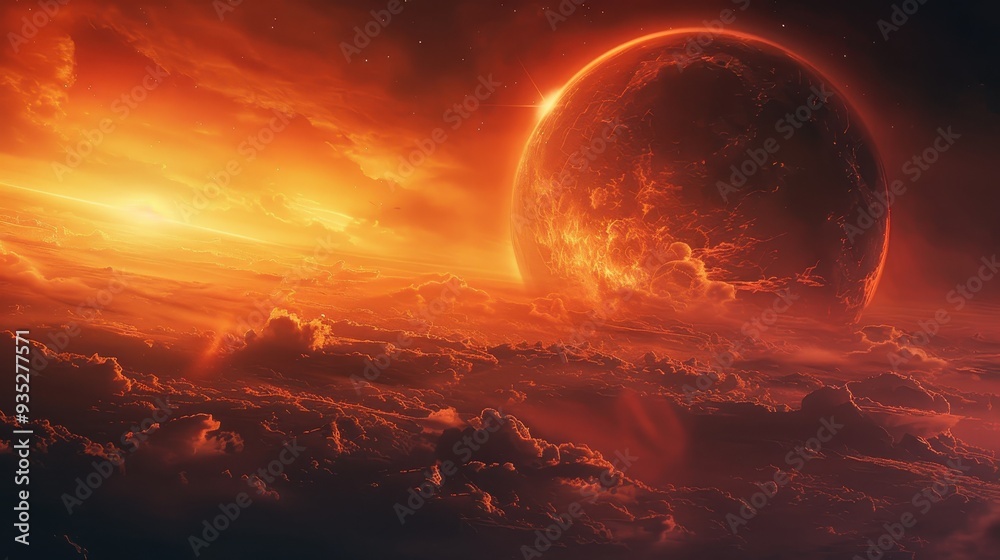 A fiery, alien planet with clouds and a glowing star in the background A fiery, alien planet with clouds and a glowing star in the background