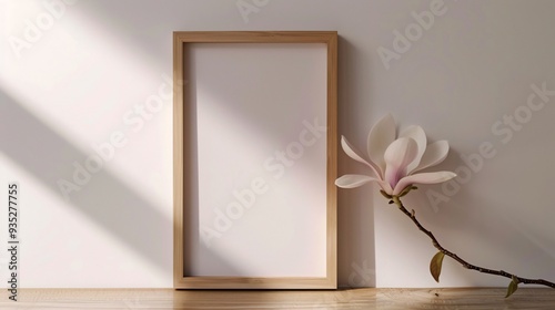 4. Simple wooden picture frame featuring a white background, standing on a wooden table and leaning against the wall. A small magnolia flower is beside the frame, with natural light streaming in from