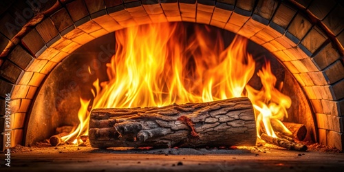 Burning redwood log heating in a wood-burning oven, redwood, burning, firewood, heat, oven, wood-burning, flames