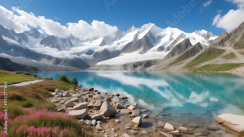 Beautiful summertime view of Lac Blanc Lake with the background of Mont Blanc (Monte Bianco)