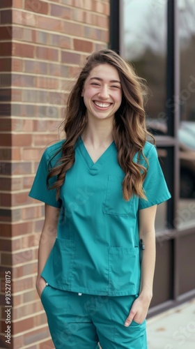 A young woman wearing teal scrubs stands confidently outside a healthcare facility. She has a bright smile and long, wavy hair, enjoying the pleasant day photo