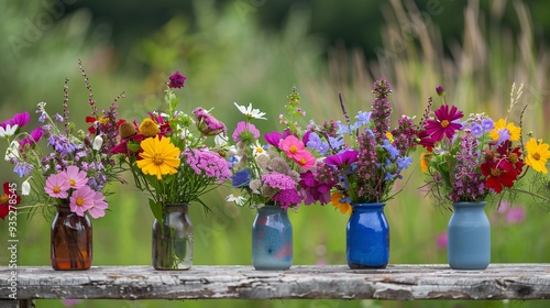 3. Bouquets of colorful wildflowers in small vases, capturing the gentle beauty of country meadows. This realistic composition is ideal for home decor, providing a lovely background wallpaper with