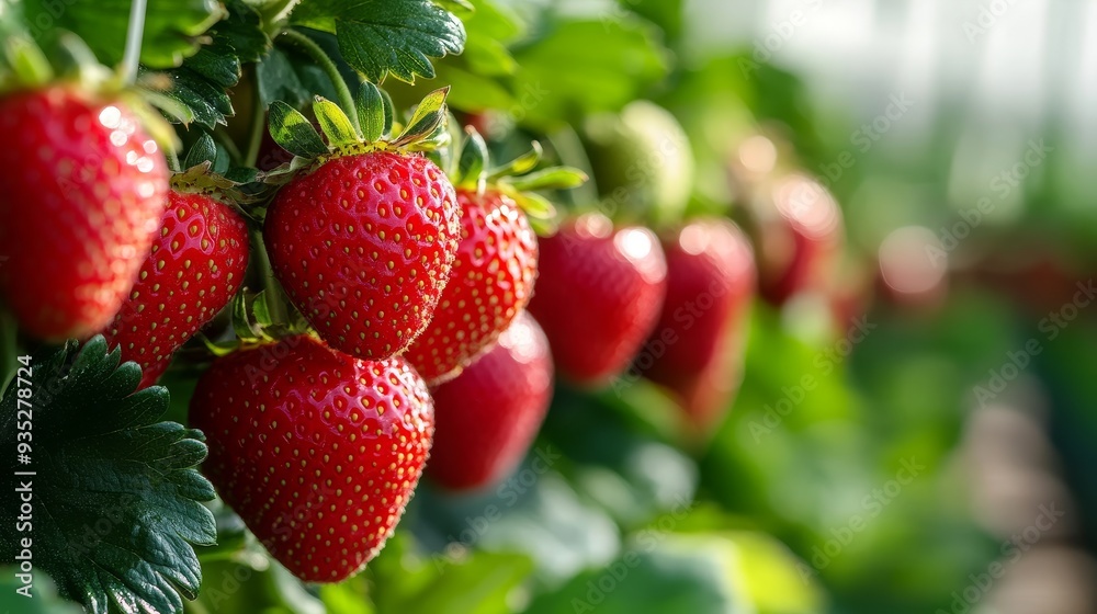 A close-up of ripe strawberries hanging from green plants in a garden. A close-up of ripe strawberries hanging from green plants in a garden.