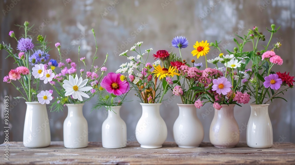 4. Small vases displaying colorful wildflower bouquets, presenting a gentle blossom from country meadows. This realistic image is perfect for home decor, offering a beautiful background wallpaper 4. Small vases displaying colorful wildflower bouquets, presenting a gentle blossom from country meadows. This realistic image is perfect for home decor, offering a beautiful background wallpaper