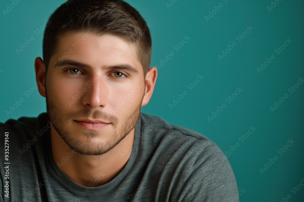 A studio close-up portrait of a young white man wearing a casual t-shirt, with a colourful background. A studio close-up portrait of a young white man wearing a casual t-shirt, with a colourful background.